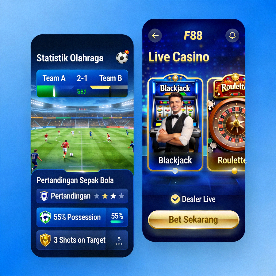 Tampilan statistik olahraga dan interface Live Casino di platform M88