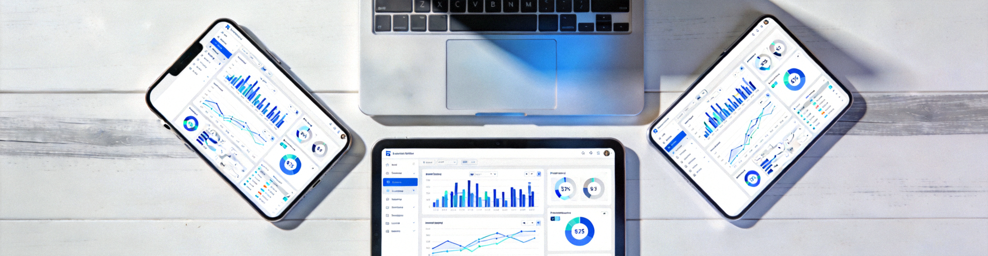 多设备互联场景，展示手机、平板和电脑屏幕同步显示数据图表与协作界面