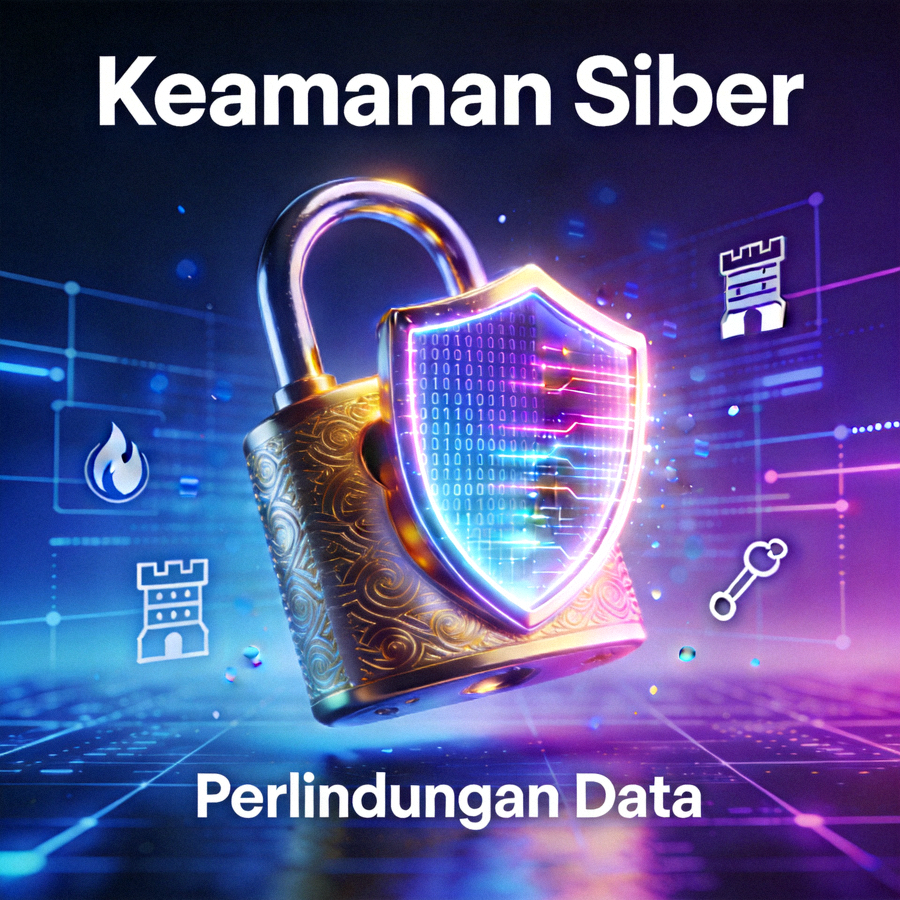 Ilustrasi keamanan siber dengan simbol gembok dan perisai digital