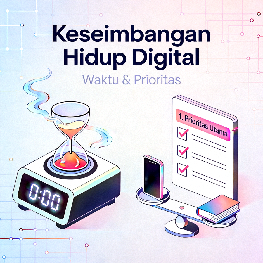 Ilustrasi keseimbangan hidup digital dengan simbol waktu dan prioritas