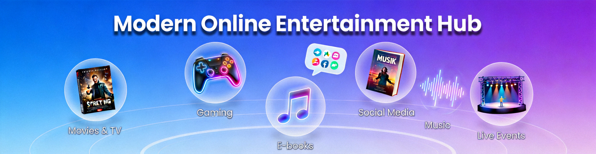Ilustrasi konsep hiburan online modern dengan berbagai pilihan konten digital