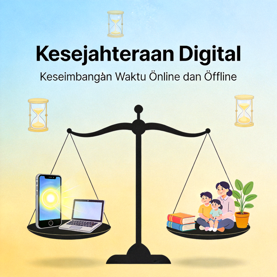 Konsep kesejahteraan digital dengan ilustrasi keseimbangan waktu online dan offline